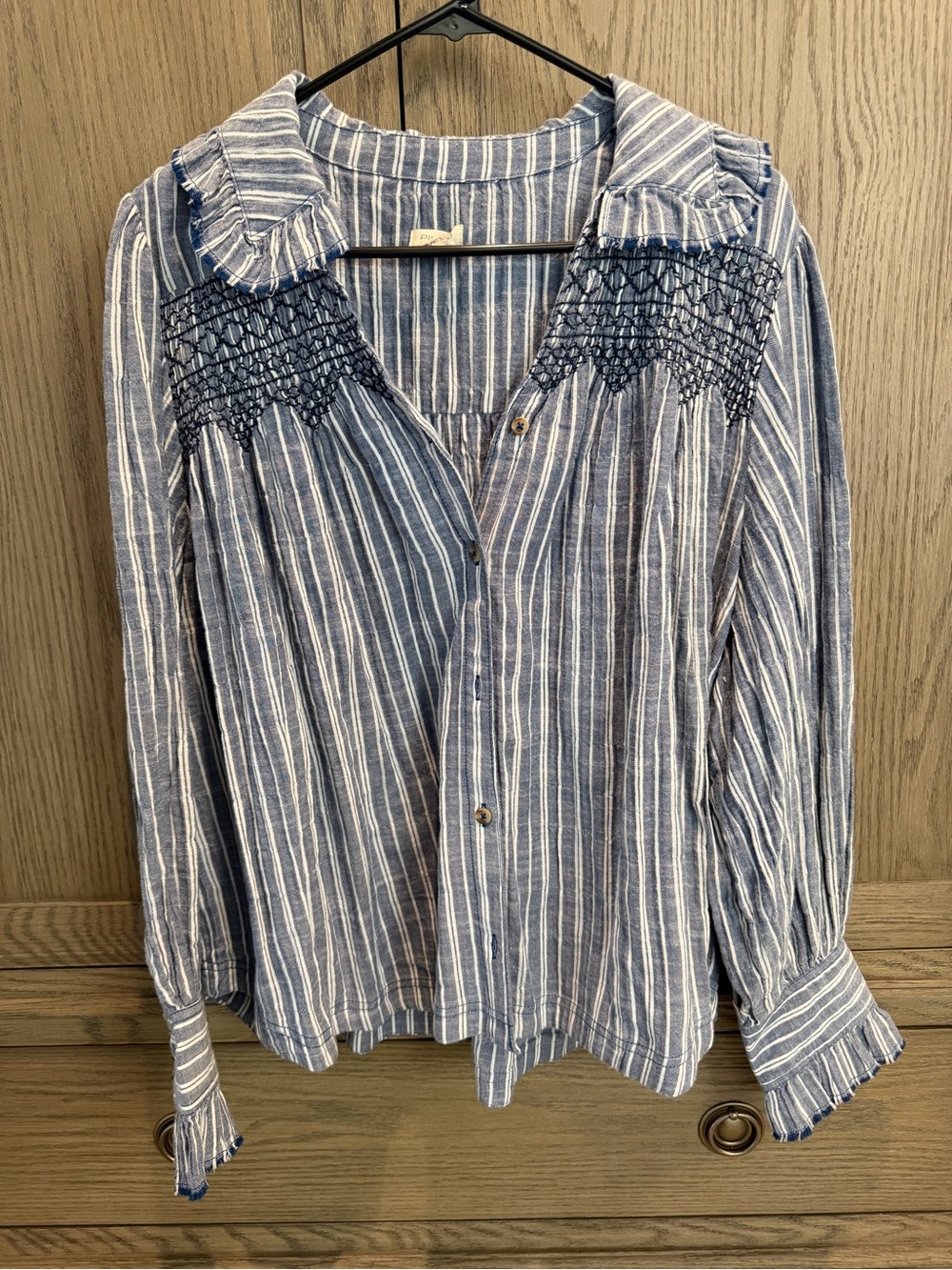 Pilcro Navy and White Vertical Stripe Shirt